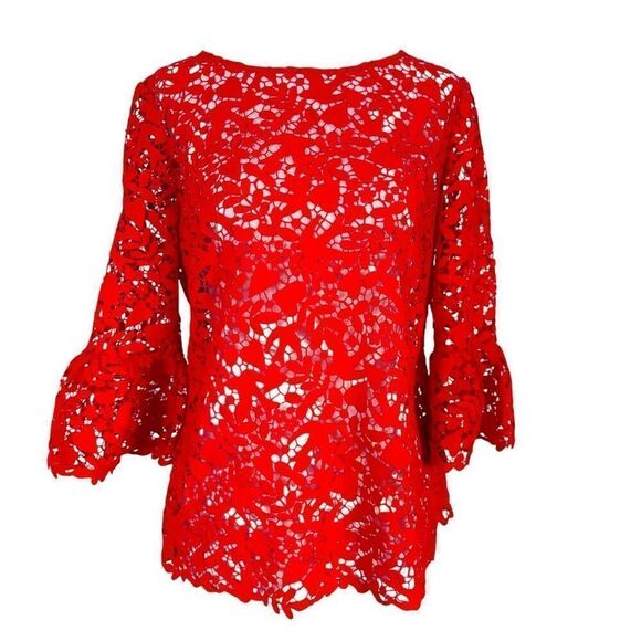Women's Boden Red Brittany Blouse Guipure Lace Hearts Bell Sleeve Floral Top US6 - Picture 1 of 11